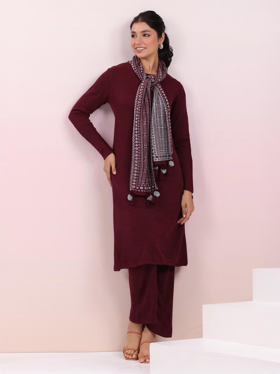 Maroon Woolen Self Design Straight Winter Kurta with Pant & Stole Set