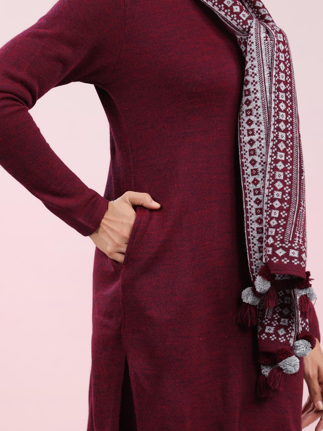 Maroon Woolen Self Design Straight Winter Kurta with Pant & Stole Set