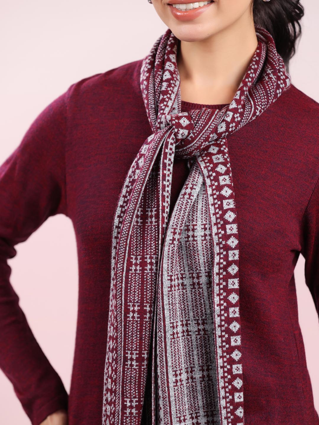 Maroon Woolen Self Design Straight Winter Kurta with Pant & Stole Set