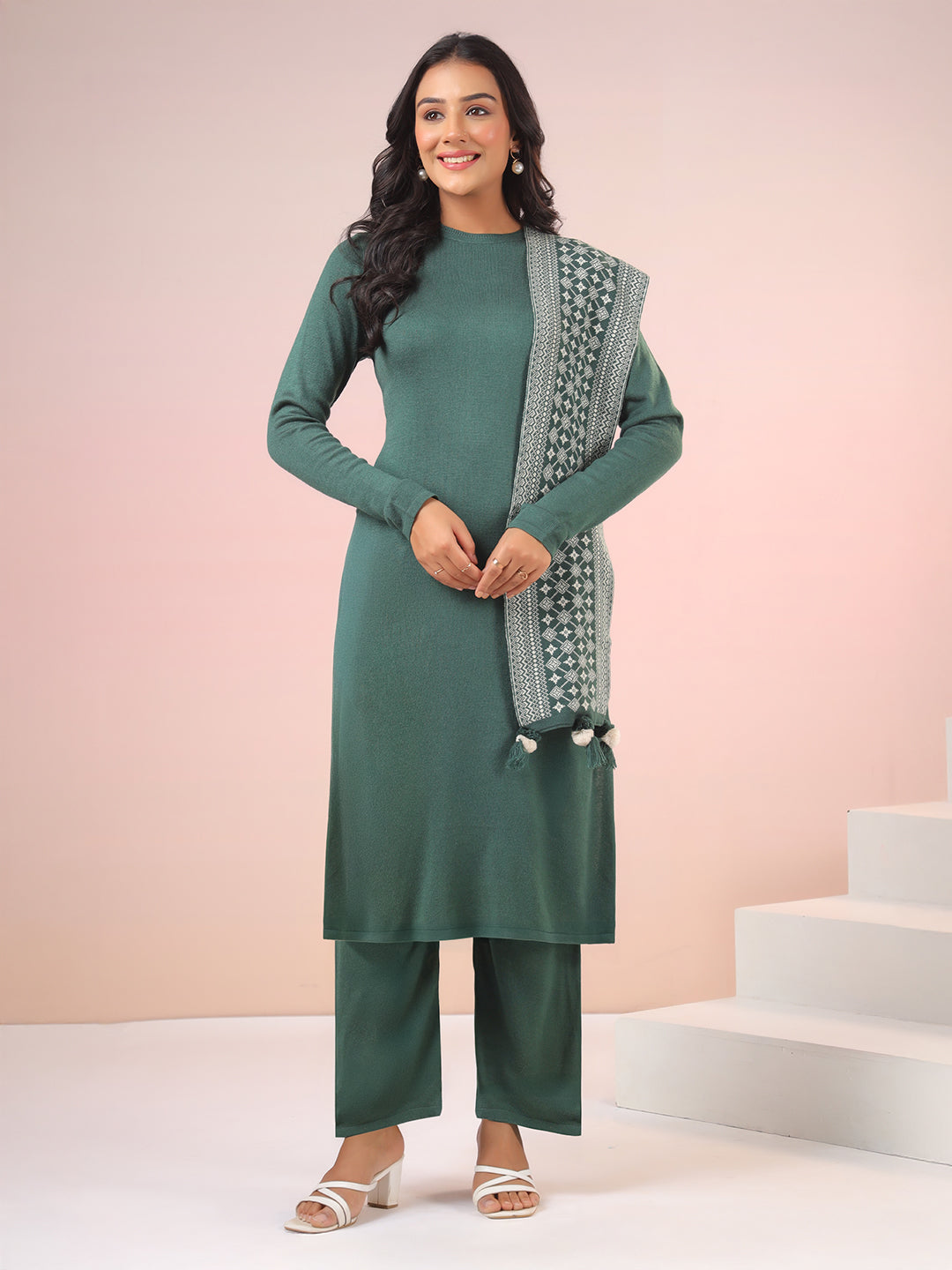 Dark Green Woolen Self Design Straight Winter Kurta with Pant & Stole Set