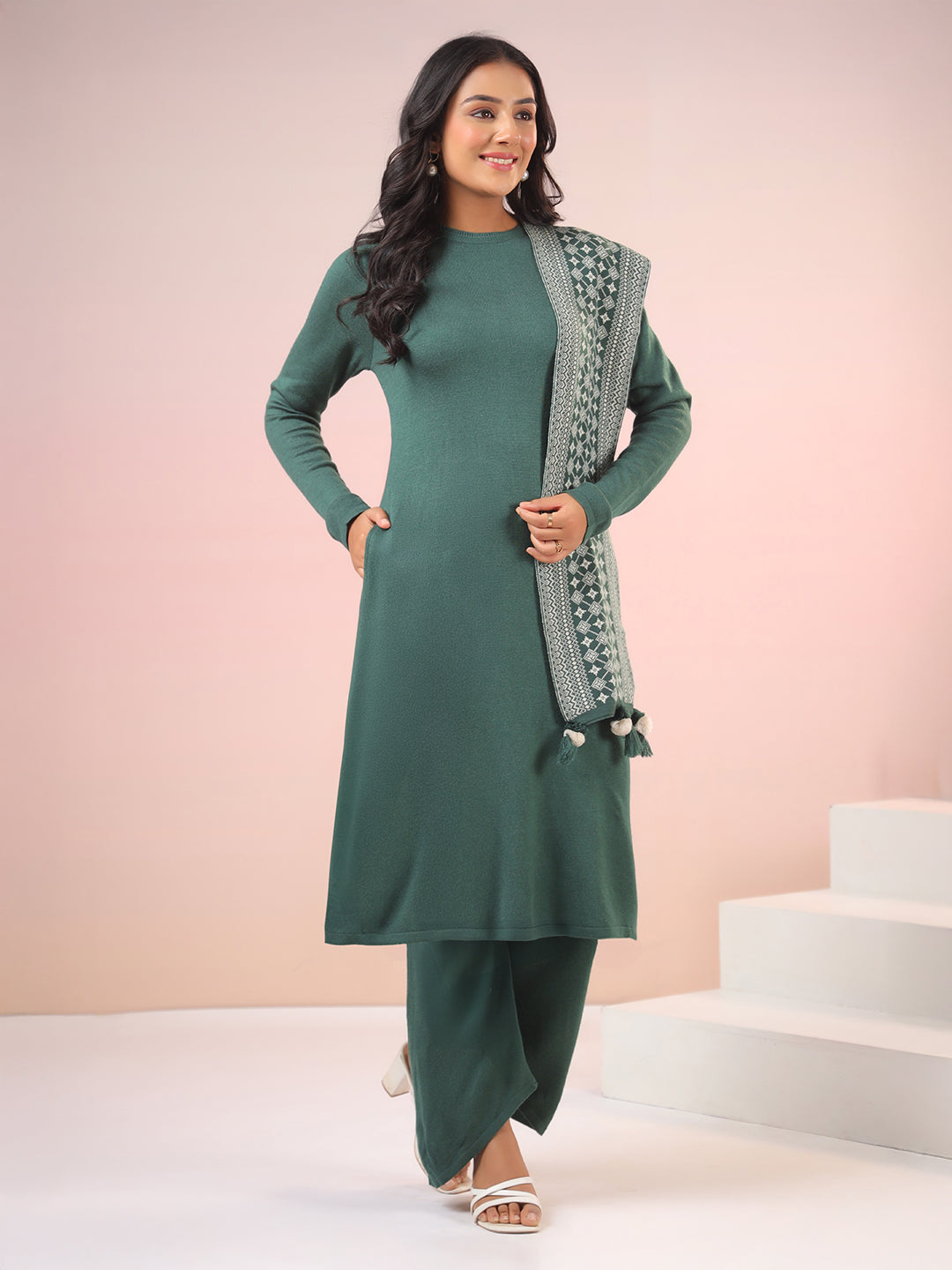 Dark Green Woolen Self Design Straight Winter Kurta with Pant & Stole Set