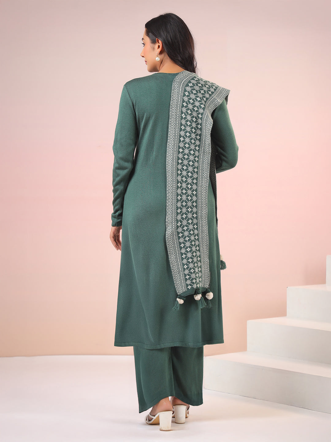 Dark Green Woolen Self Design Straight Winter Kurta with Pant & Stole Set