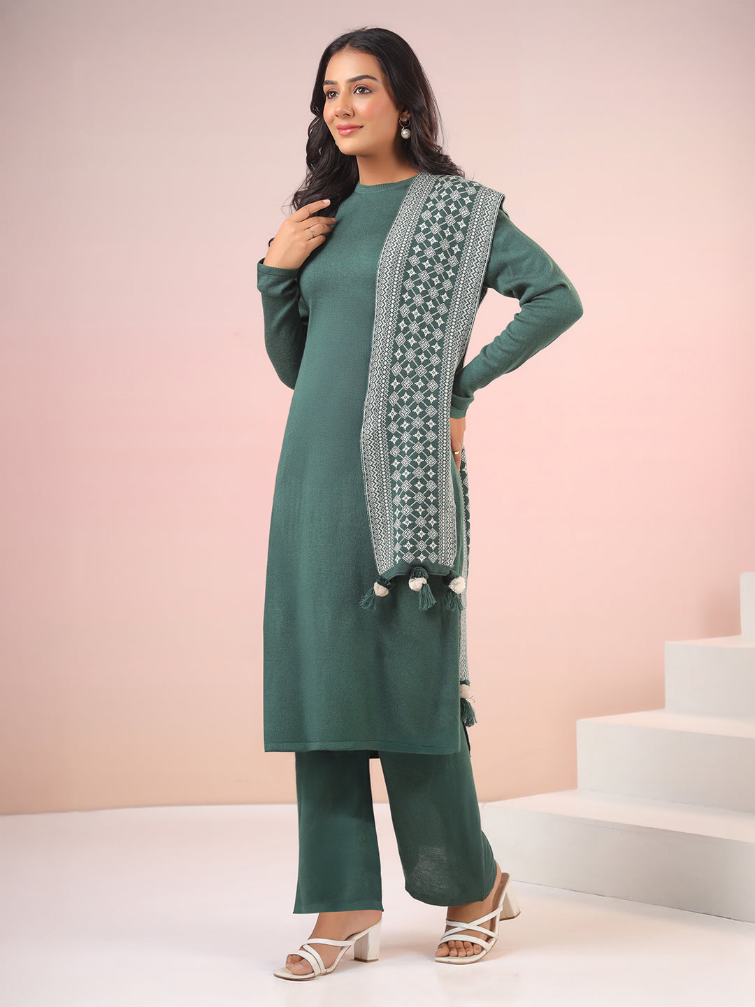 Dark Green Woolen Self Design Straight Winter Kurta with Pant & Stole Set