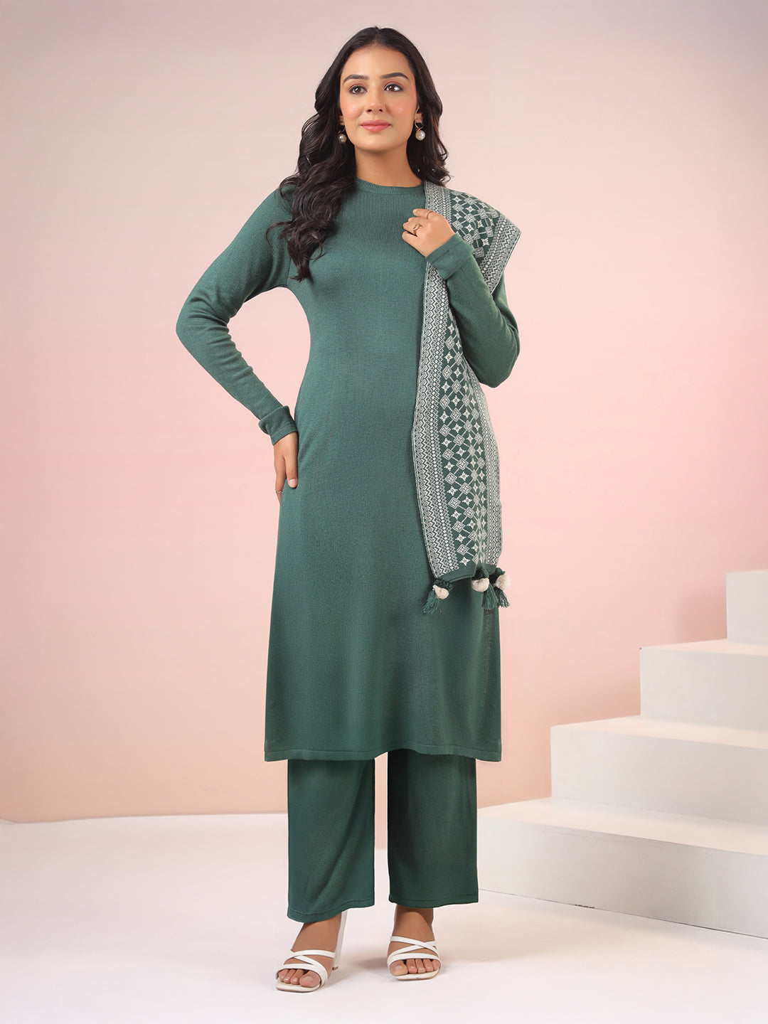 Dark Green Woolen Self Design Straight Winter Kurta with Pant & Stole Set