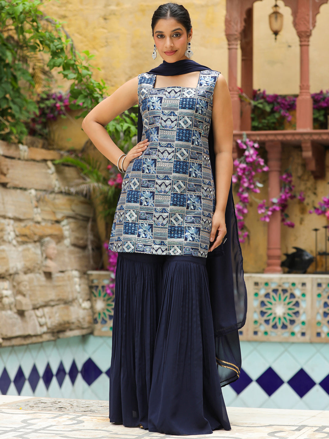 Navy Blue Georgette Embroidered Straight Kurta Set