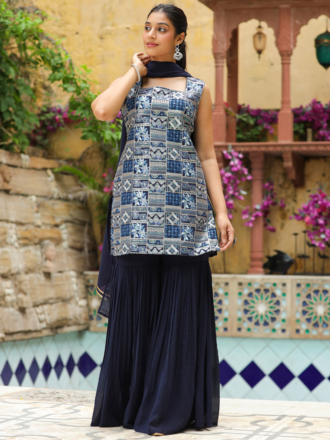 Navy Blue Georgette Embroidered Straight Kurta Set