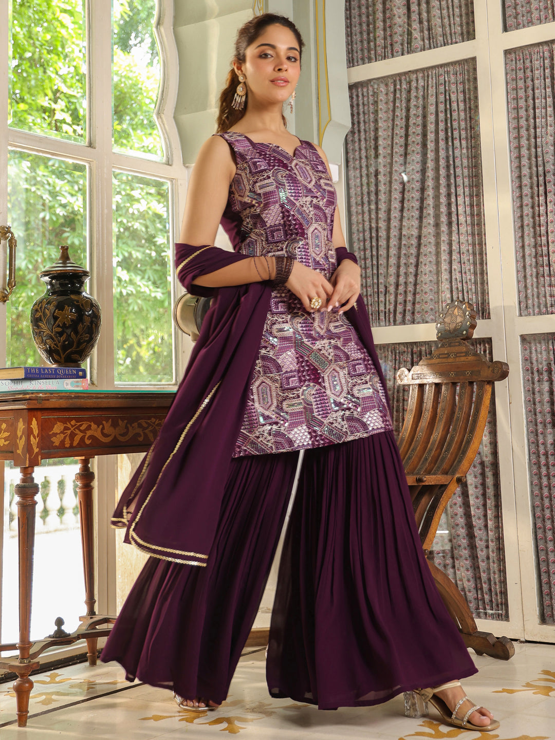 Purple Georgette Embroidered Straight Kurta with Sharara & Dupatta Set