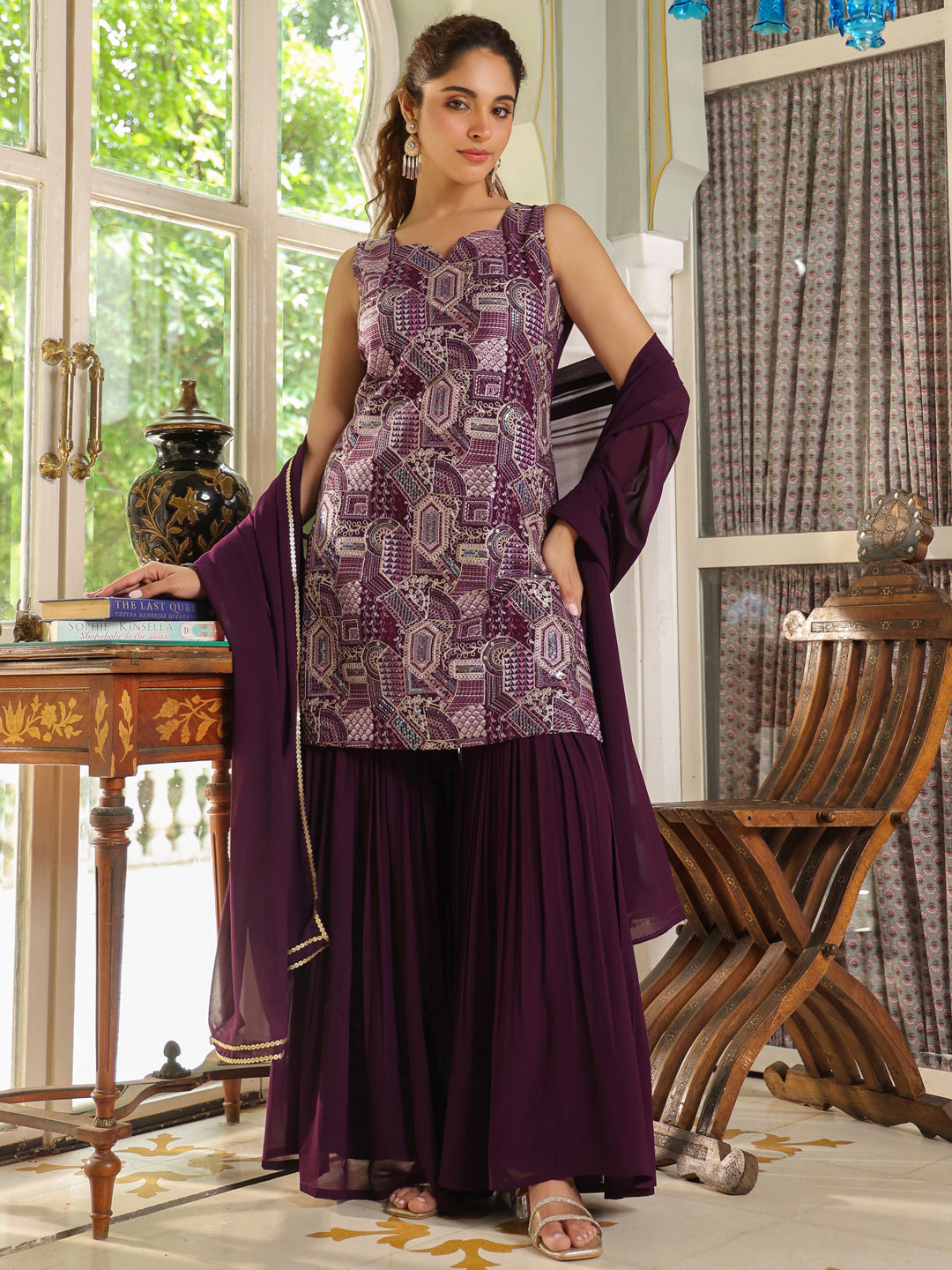 Purple Georgette Embroidered Straight Kurta with Sharara & Dupatta Set