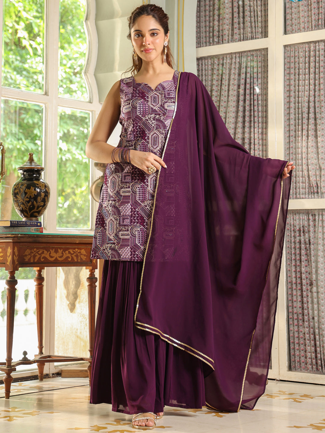 Purple Georgette Embroidered Straight Kurta with Sharara & Dupatta Set