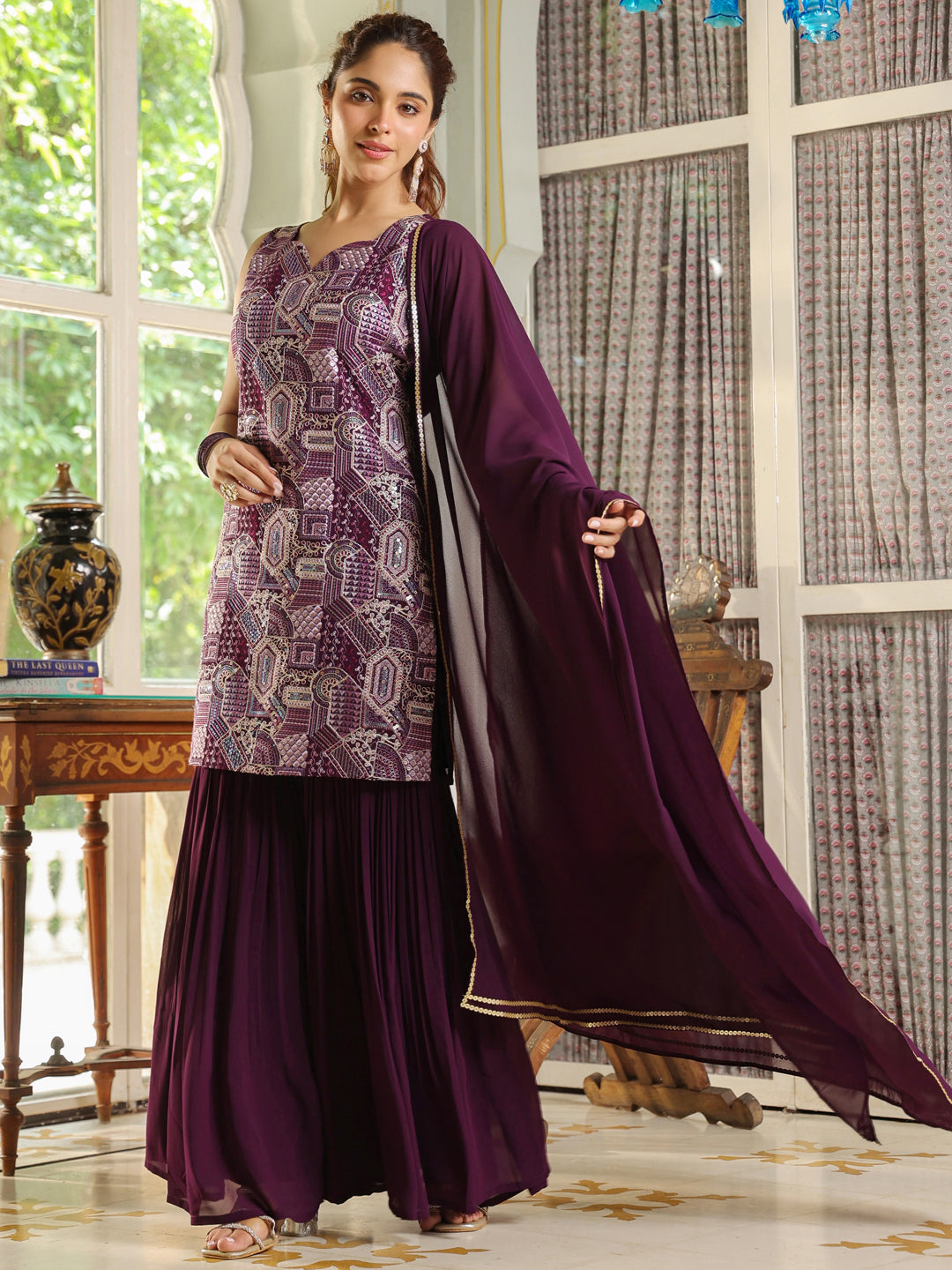 Purple Georgette Embroidered Straight Kurta with Sharara & Dupatta Set