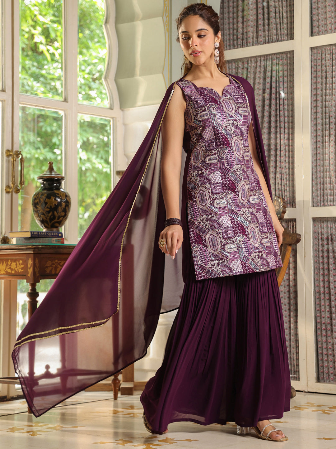 Purple Georgette Embroidered Straight Kurta with Sharara & Dupatta Set