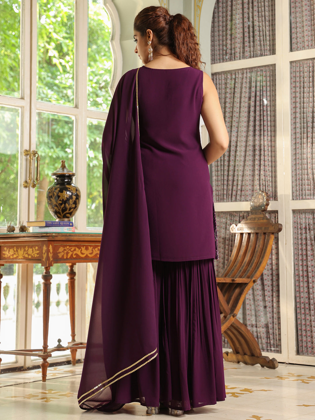 Purple Georgette Embroidered Straight Kurta with Sharara & Dupatta Set