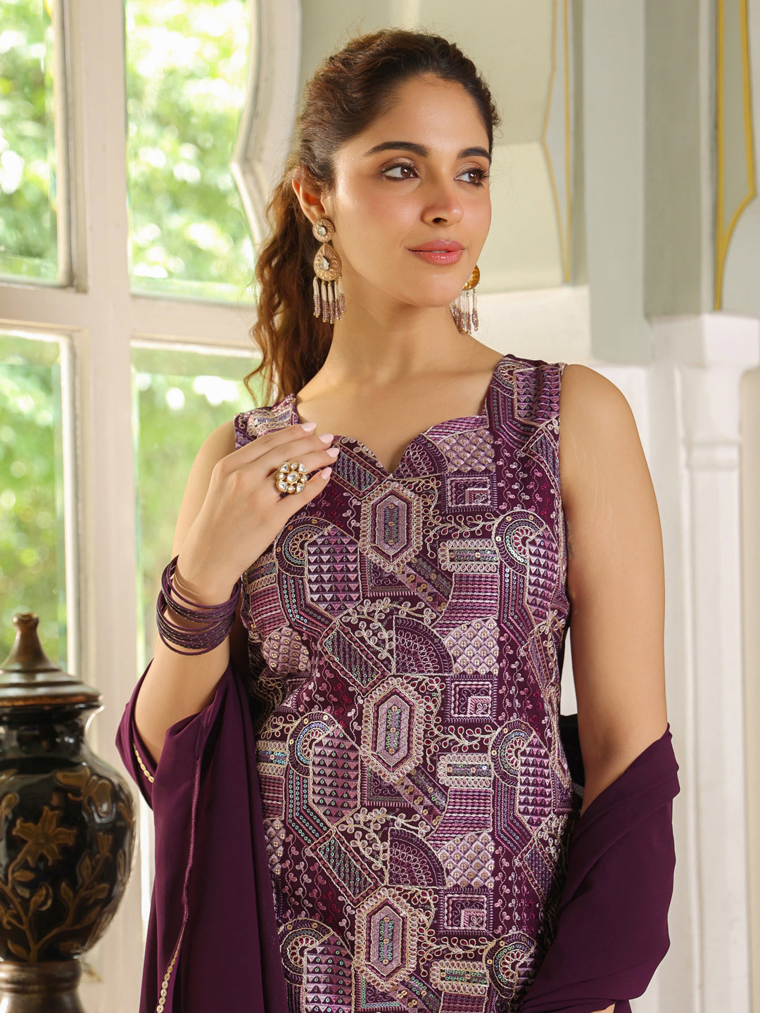 Purple Georgette Embroidered Straight Kurta with Sharara & Dupatta Set