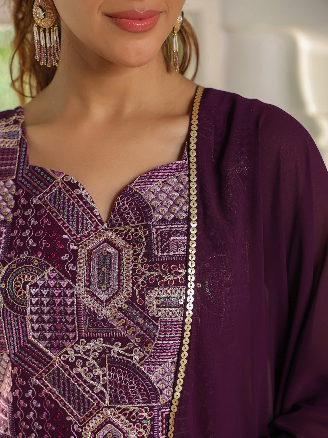 Purple Georgette Embroidered Straight Kurta with Sharara & Dupatta Set