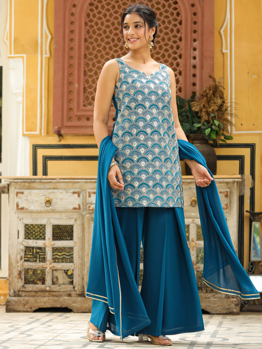 Teal Georgette Embroidered Straight Kurta with Sharara & Dupatta Set