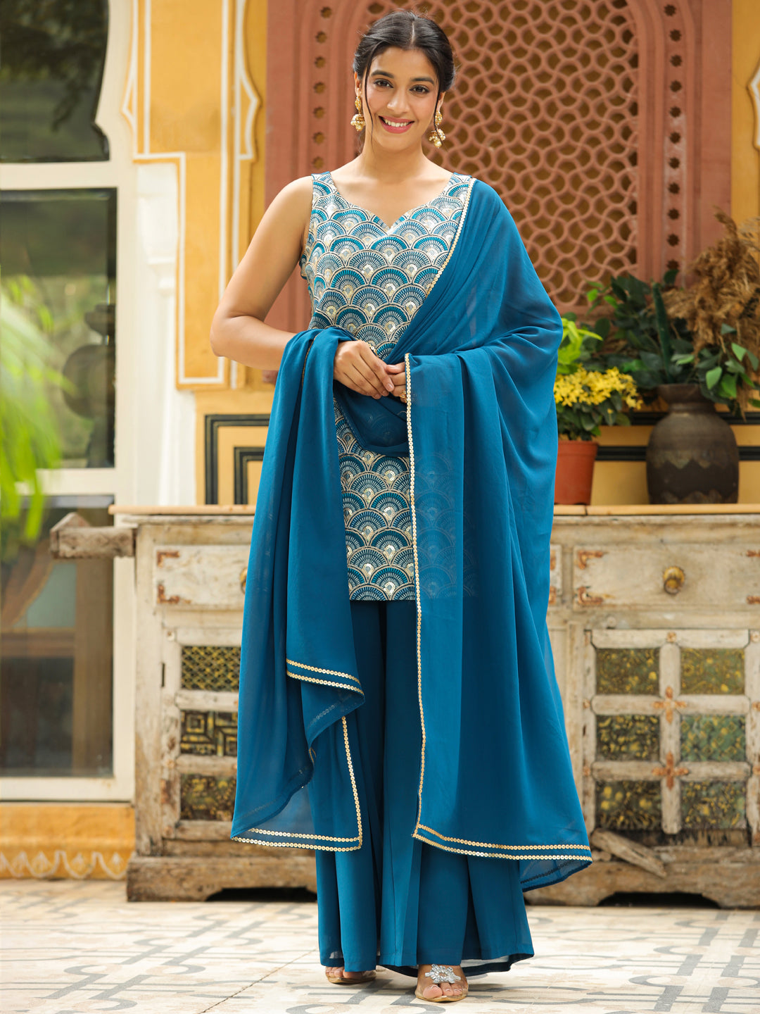 Teal Georgette Embroidered Straight Kurta with Sharara & Dupatta Set