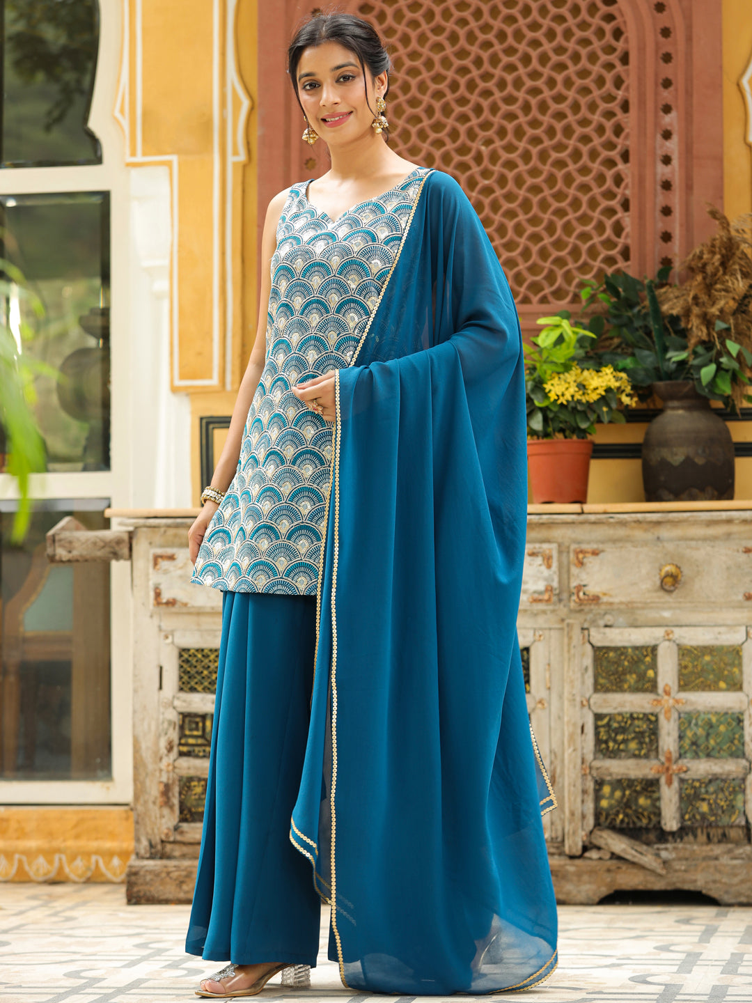 Teal Georgette Embroidered Straight Kurta with Sharara & Dupatta Set