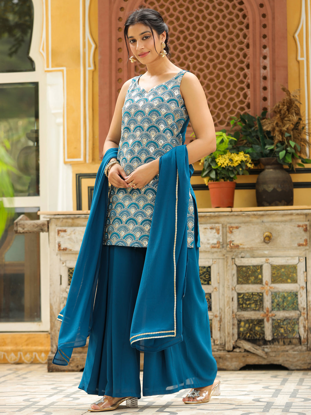 Teal Georgette Embroidered Straight Kurta with Sharara & Dupatta Set