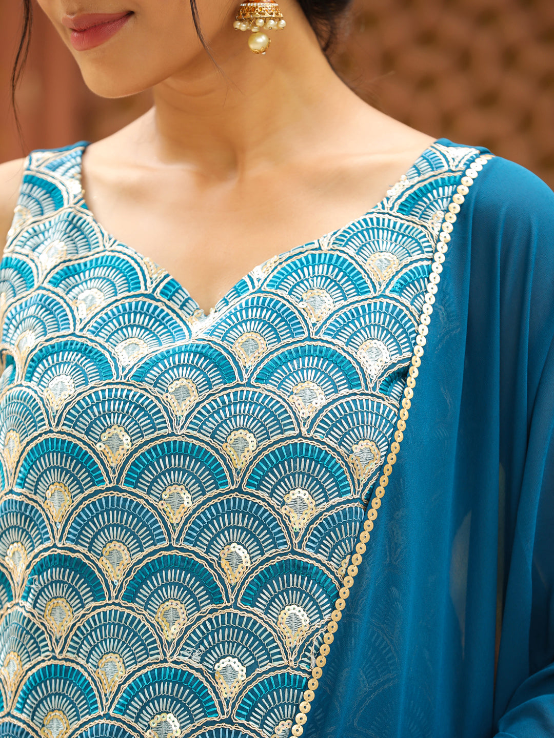 Teal Georgette Embroidered Straight Kurta with Sharara & Dupatta Set