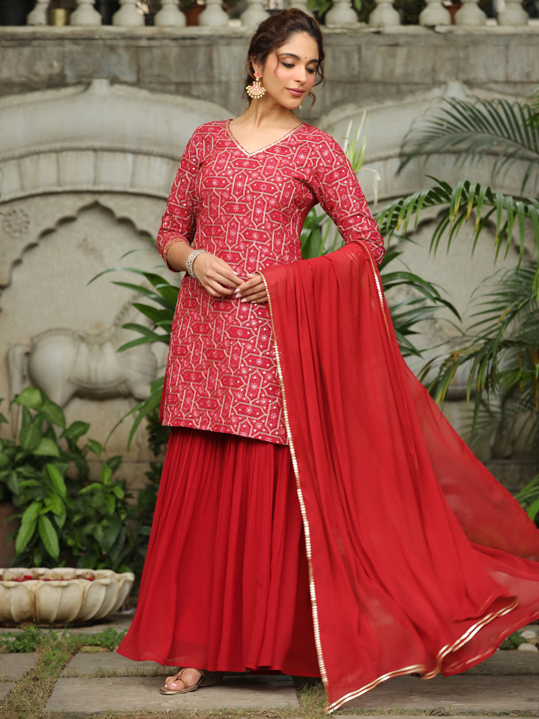 Red Georgette Embroidered Straight Kurta with Sharara & Dupatta Set