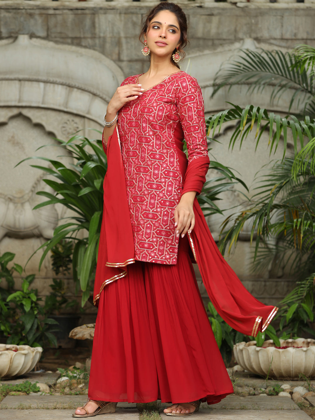 Red Georgette Embroidered Straight Kurta with Sharara & Dupatta Set