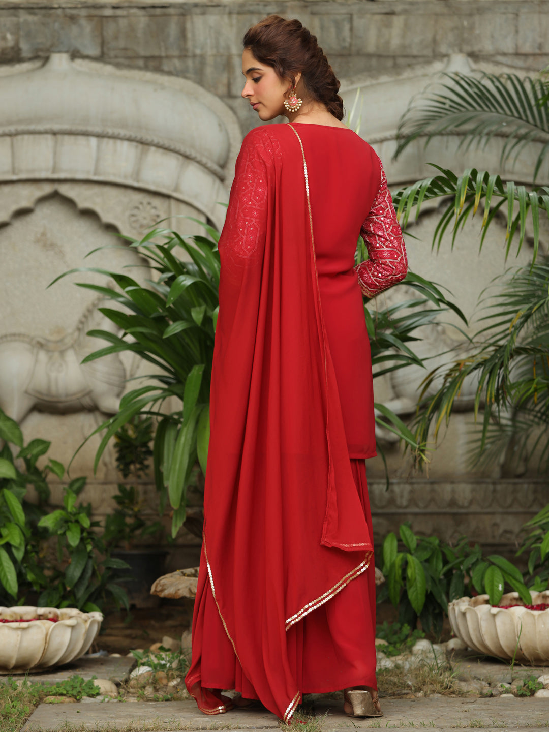 Red Georgette Embroidered Straight Kurta with Sharara & Dupatta Set