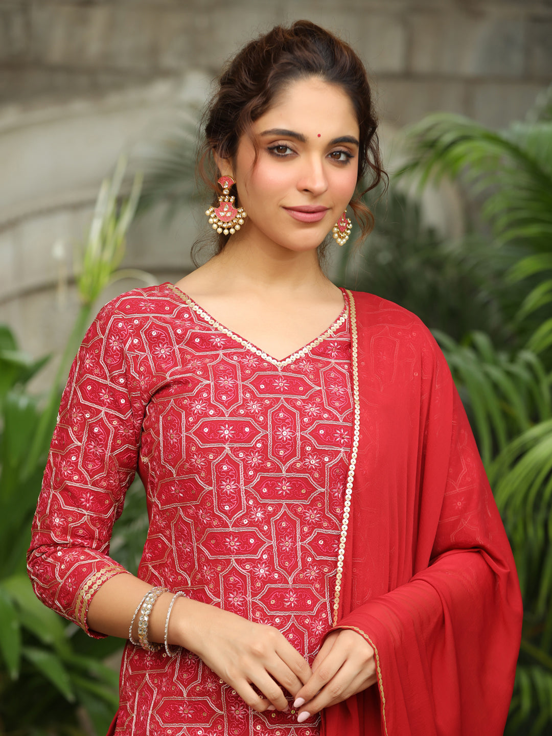 Red Georgette Embroidered Straight Kurta with Sharara & Dupatta Set