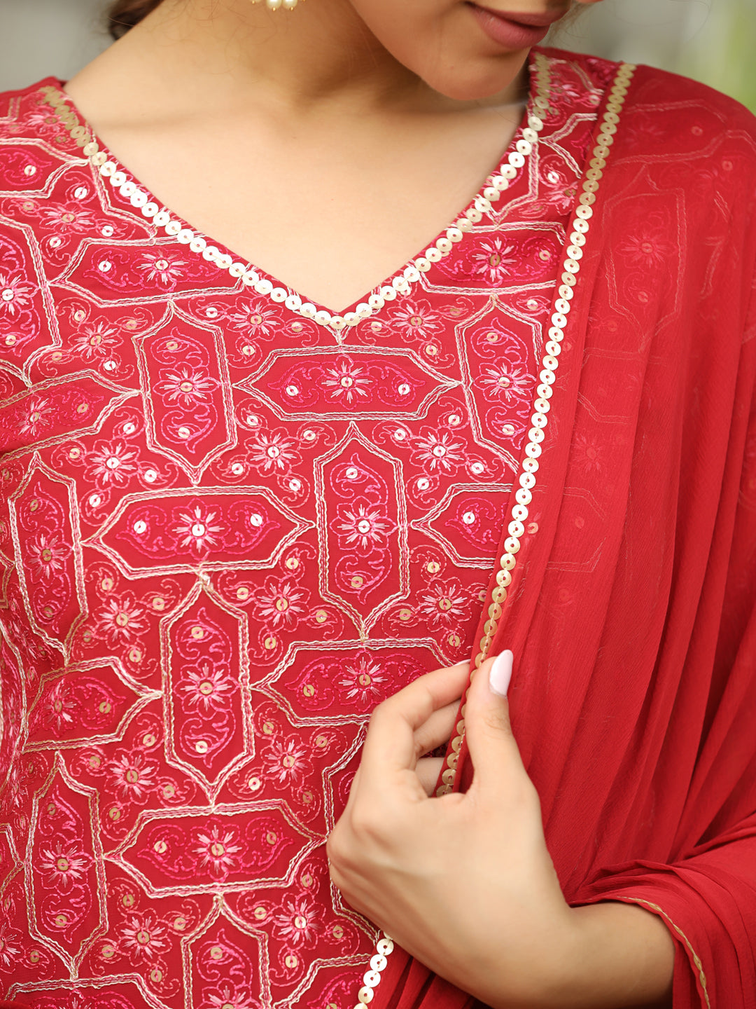 Red Georgette Embroidered Straight Kurta with Sharara & Dupatta Set