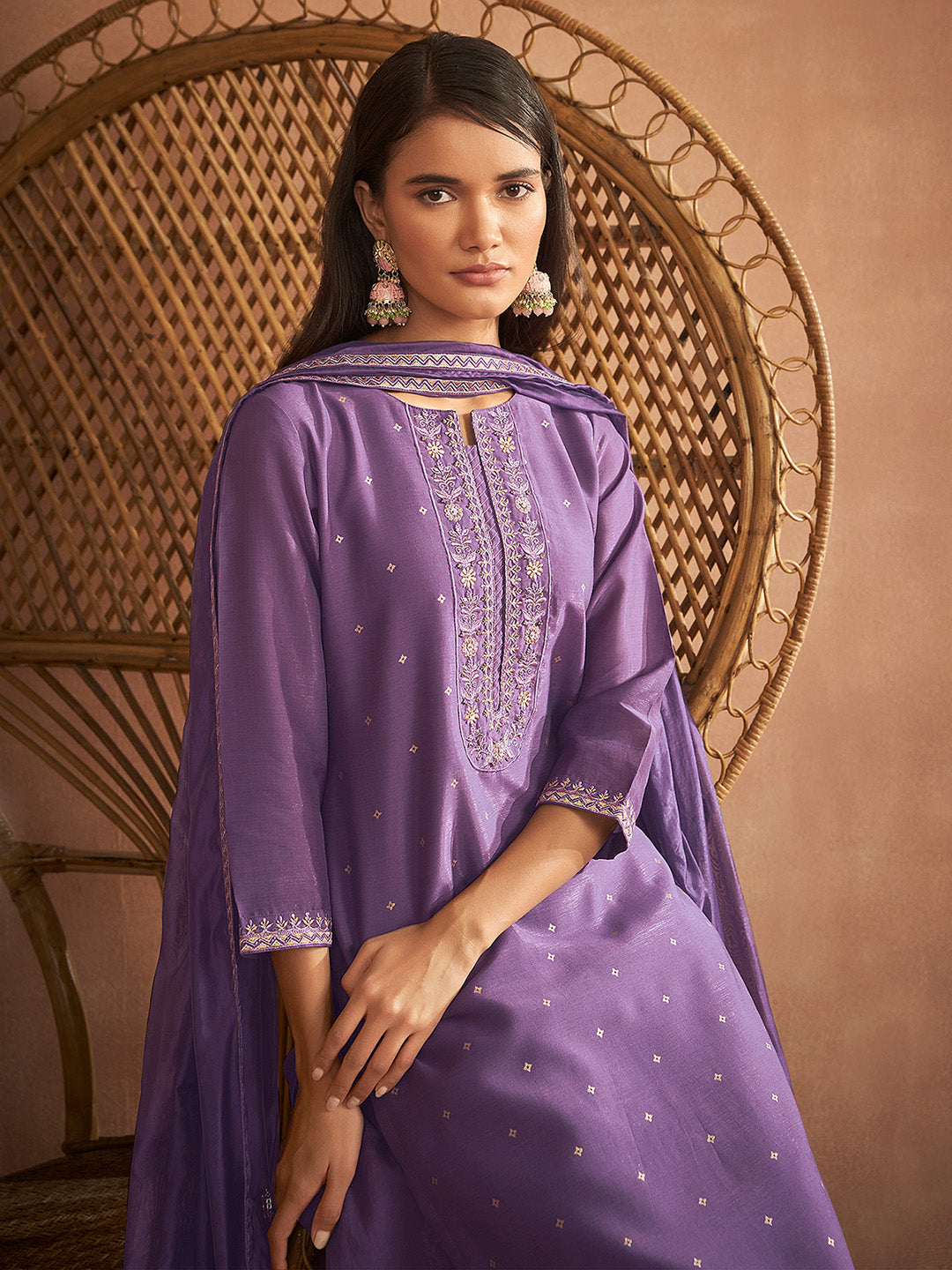 Purple Viscose Embroidered Straight Kurta Set