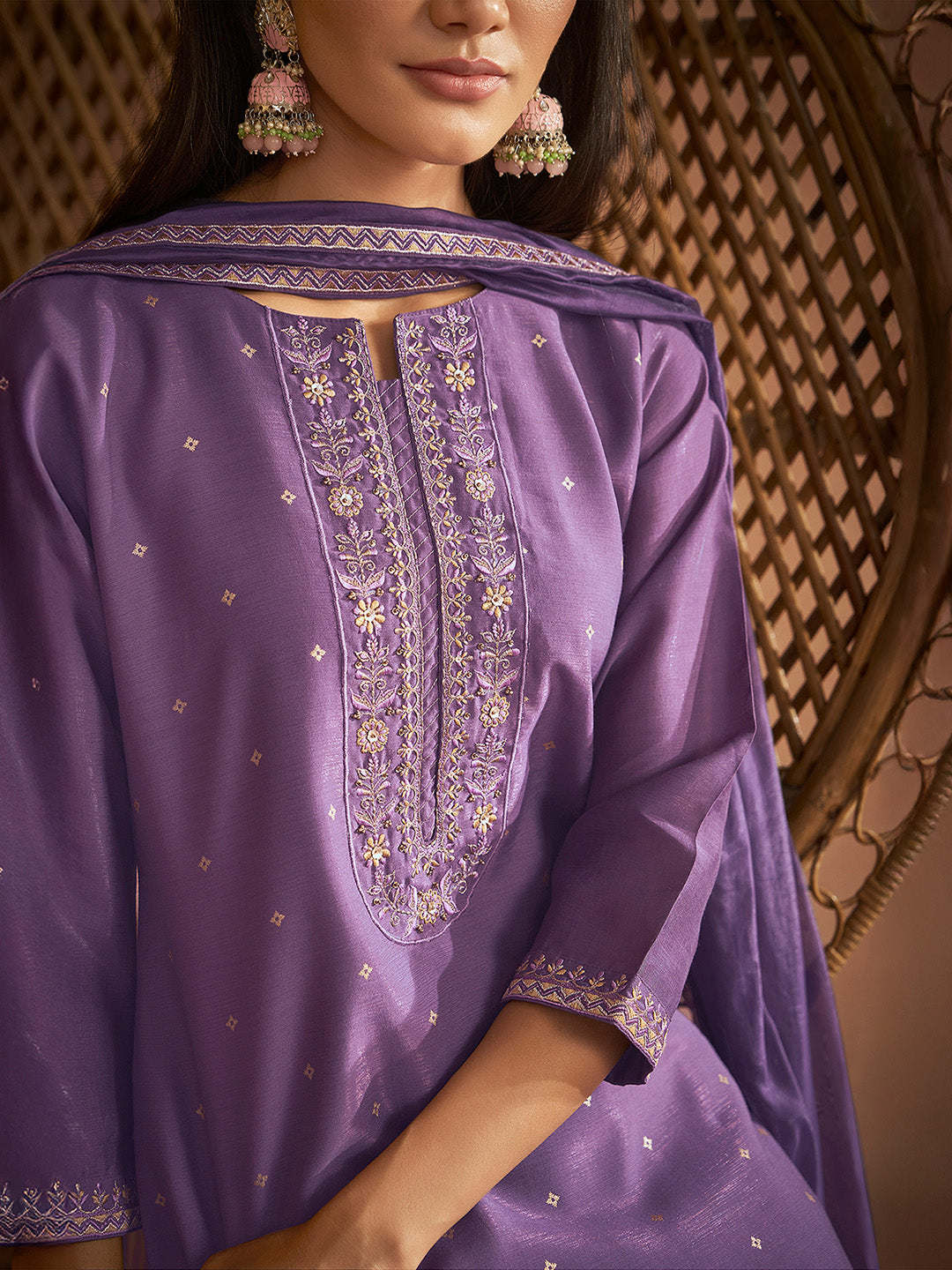 Purple Viscose Embroidered Straight Kurta Set