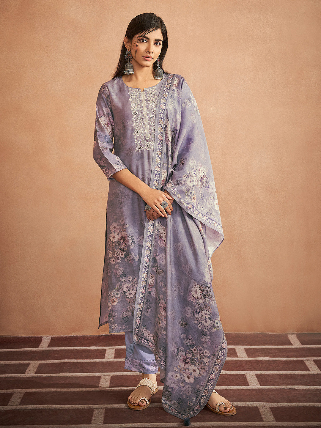 Grey Viscose Floral Embroidered Straight Kurta Set