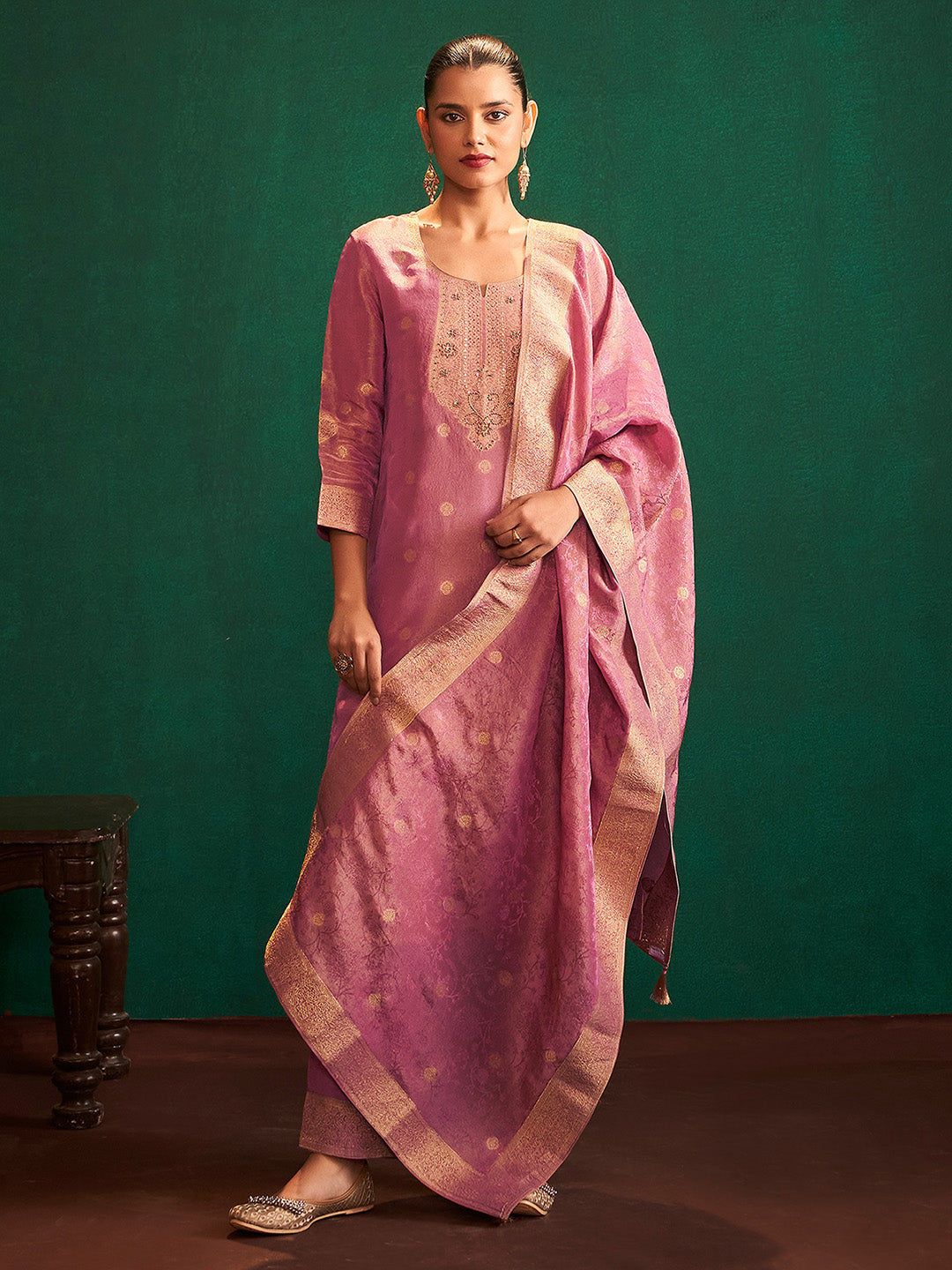 Pink Tissue Silk Jacquard Straight Kurta Set