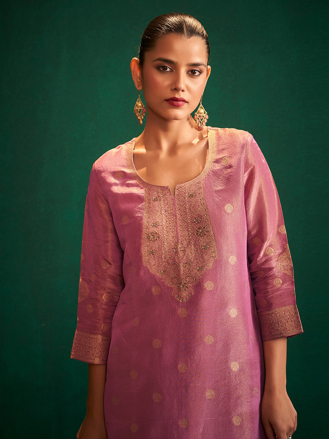 Pink Tissue Silk Jacquard Straight Kurta Set