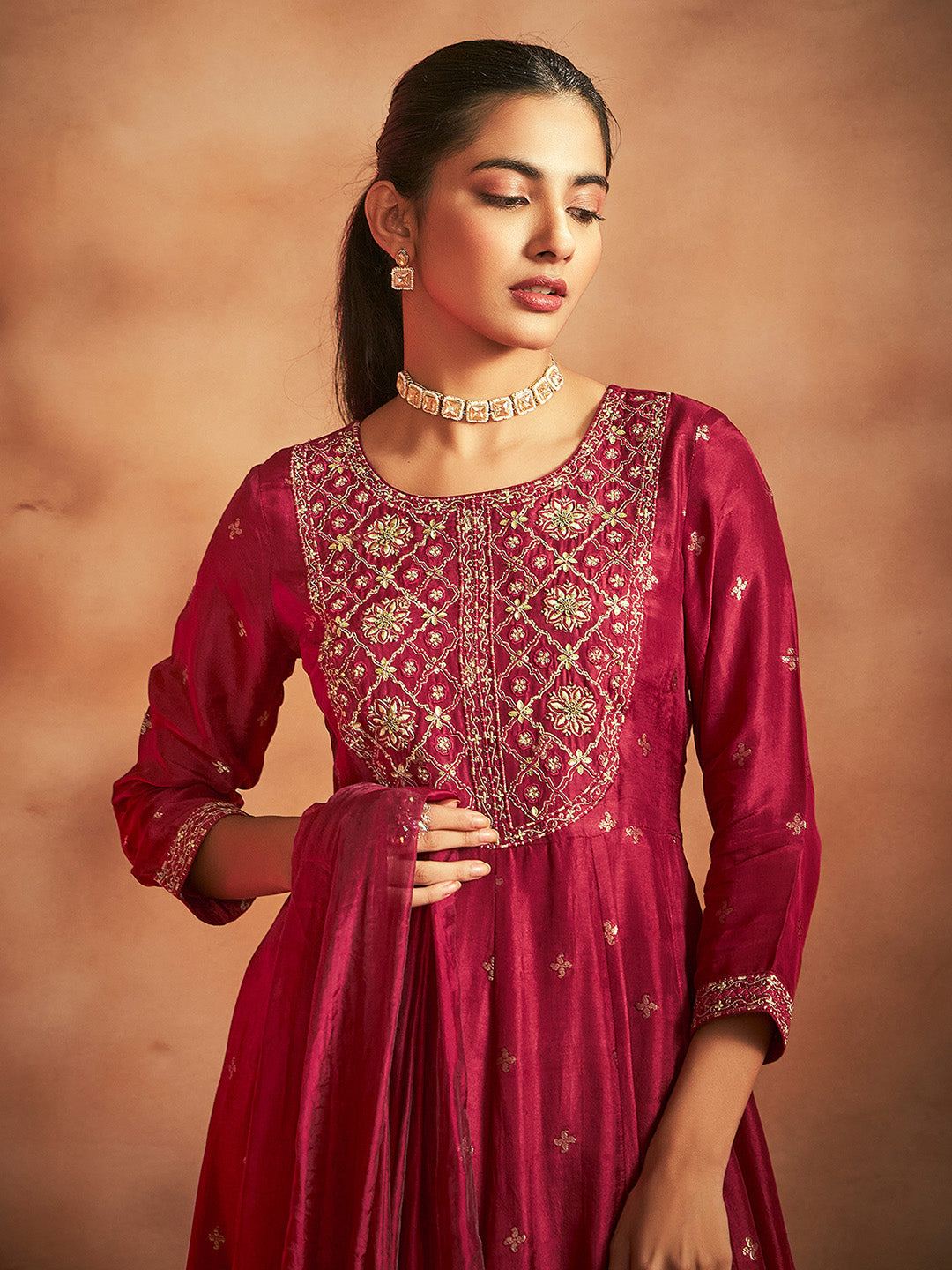 Maroon Silk Blend Embroidered Jacquard Anarkali Kurta Set