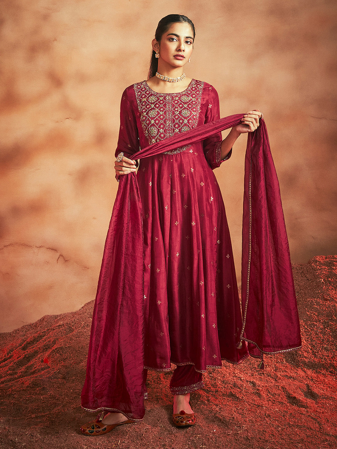 Maroon Silk Blend Embroidered Jacquard Anarkali Kurta Set