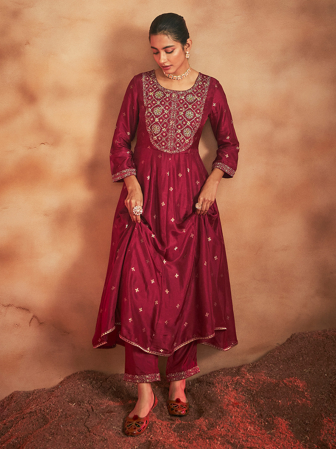 Maroon Silk Blend Embroidered Jacquard Anarkali Kurta Set