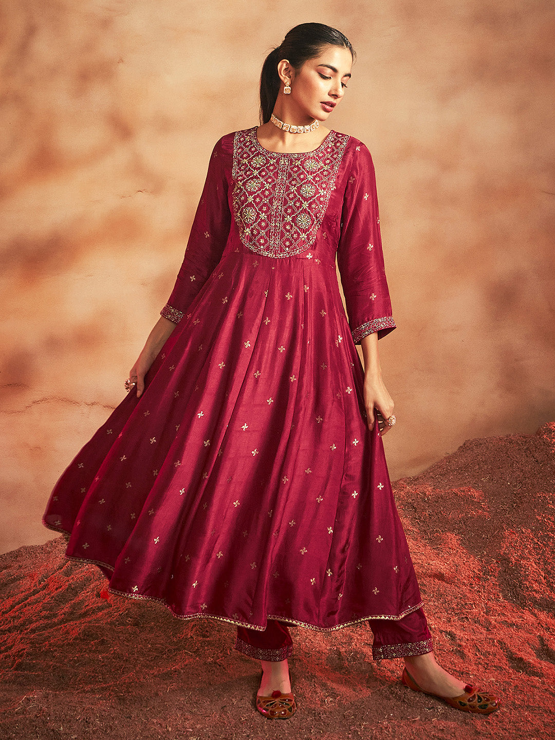 Maroon Silk Blend Embroidered Jacquard Anarkali Kurta Set