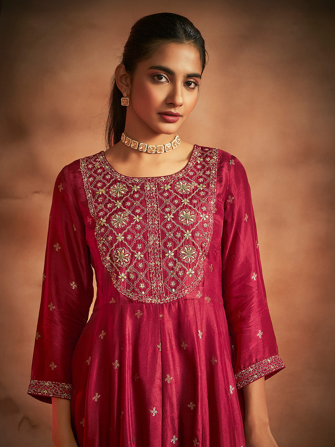 Maroon Silk Blend Embroidered Jacquard Anarkali Kurta Set