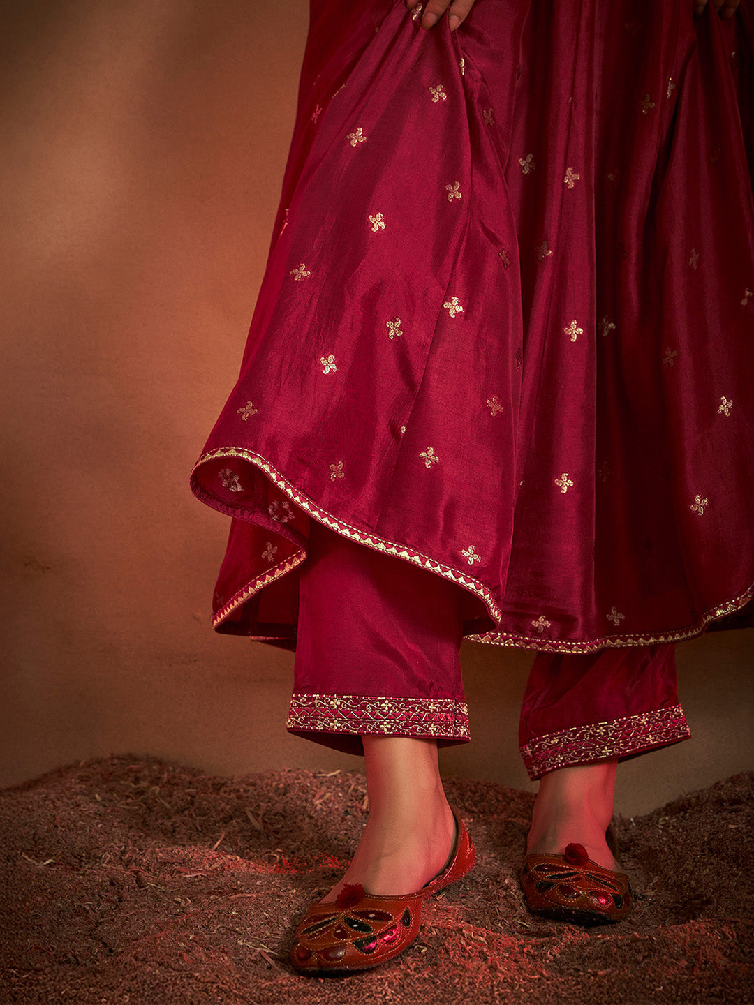 Maroon Silk Blend Embroidered Jacquard Anarkali Kurta Set