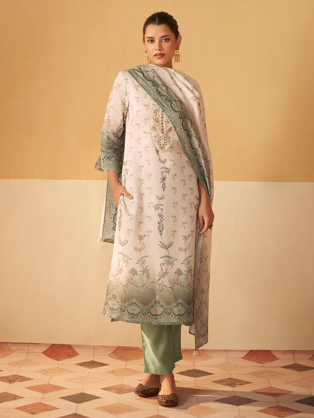 Cream Viscose Floral Embroidered Straight Kurta Set