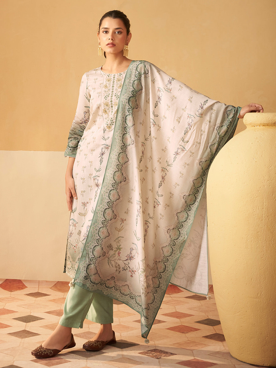 Cream Viscose Floral Embroidered Straight Kurta Set