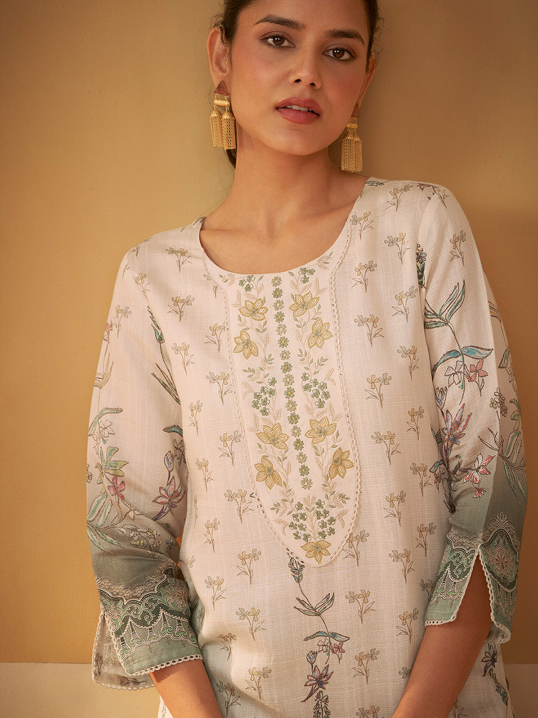 Cream Viscose Floral Embroidered Straight Kurta Set