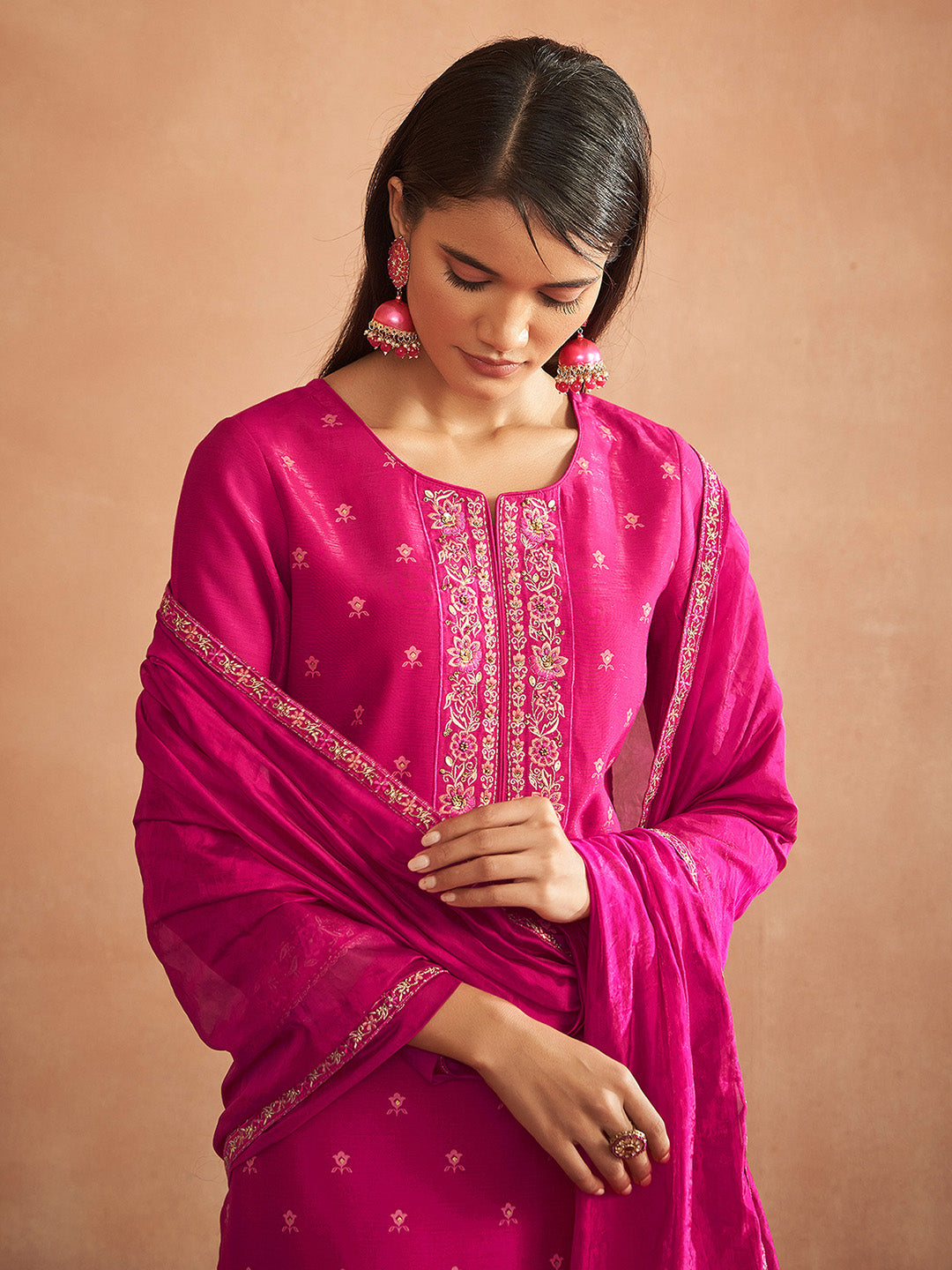 Pink Viscose Embroidered Straight Kurta Set