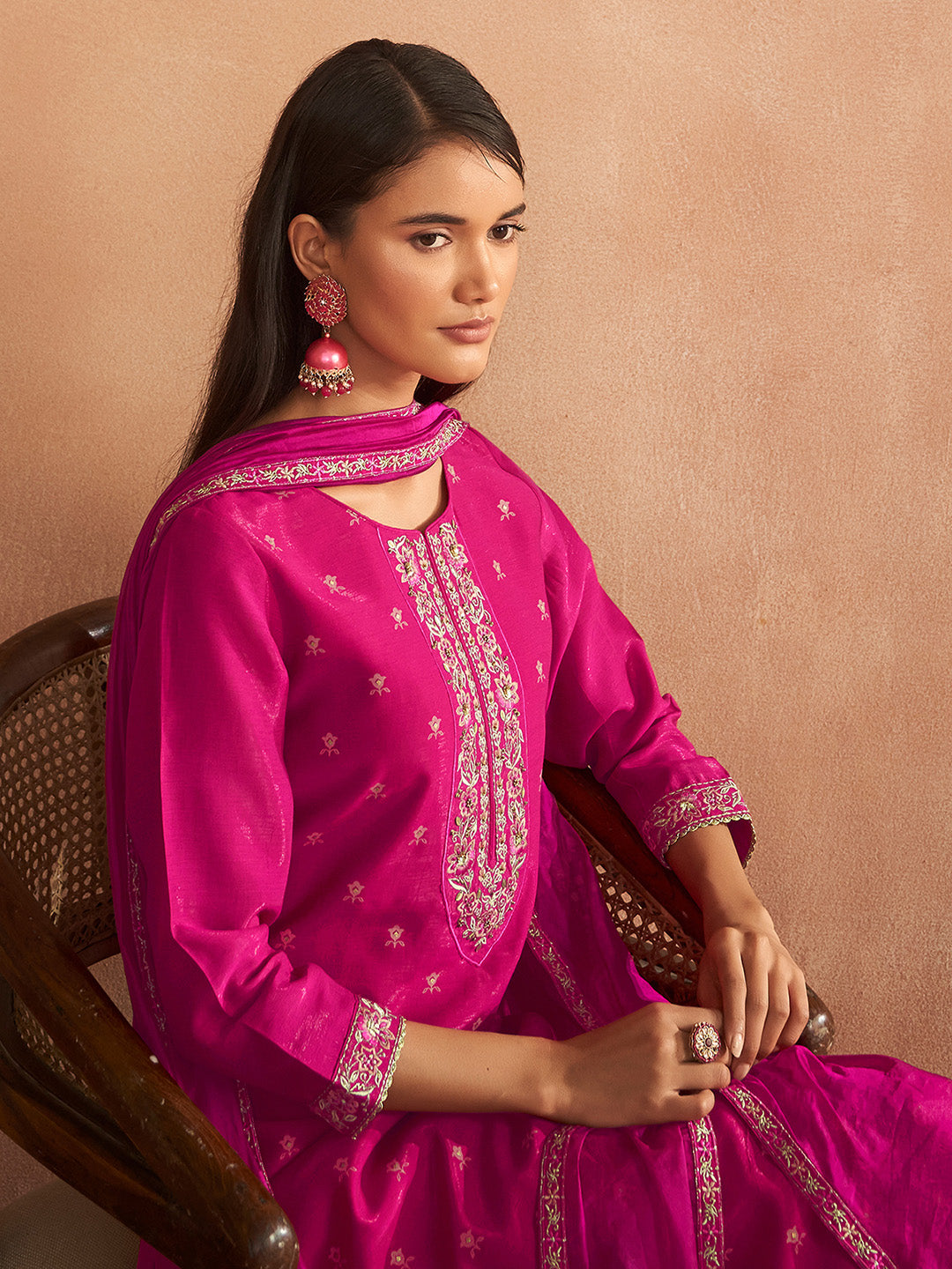 Pink Viscose Embroidered Straight Kurta Set