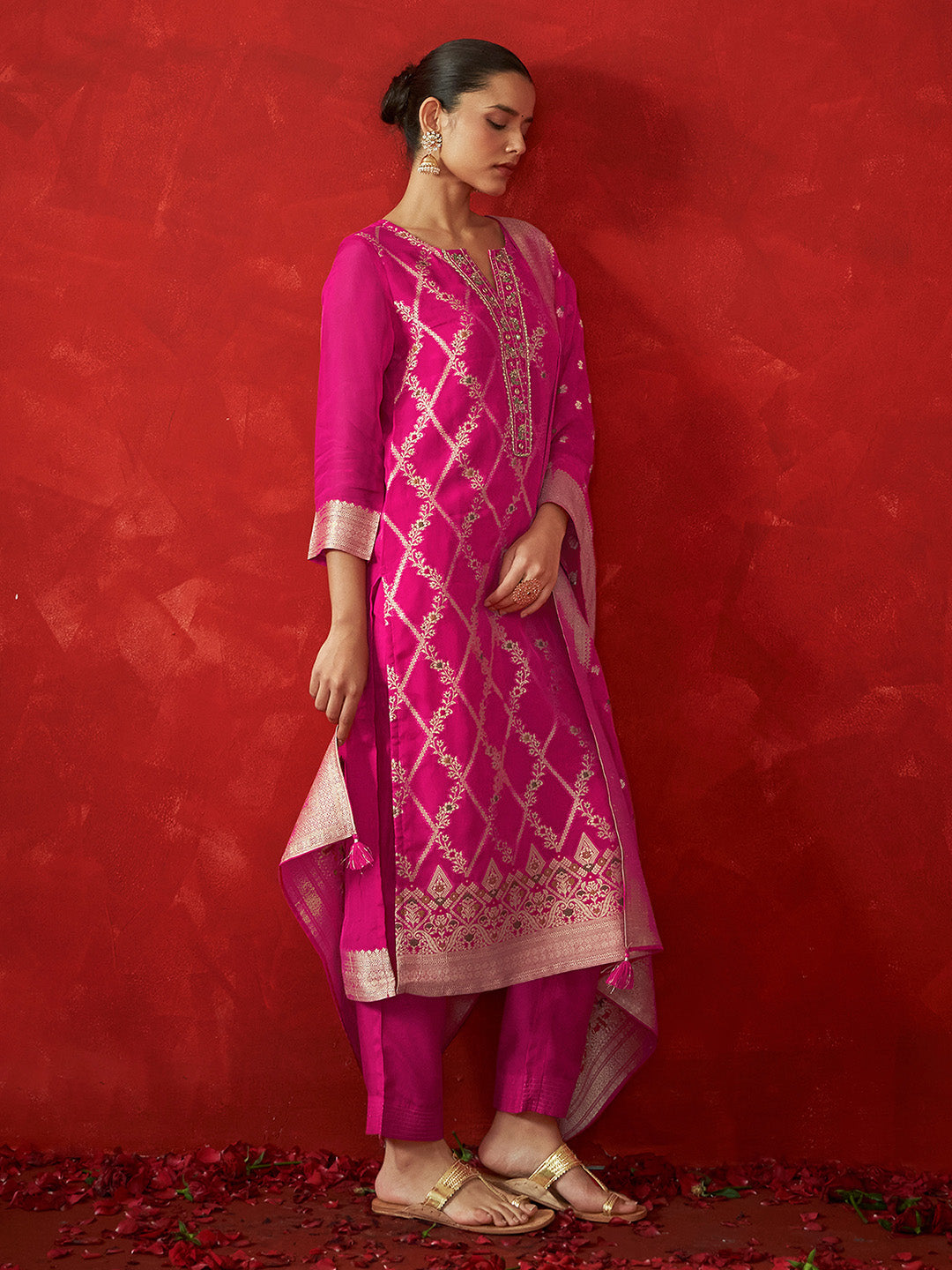 Pink Organza Jacquard Straight Kurta Set