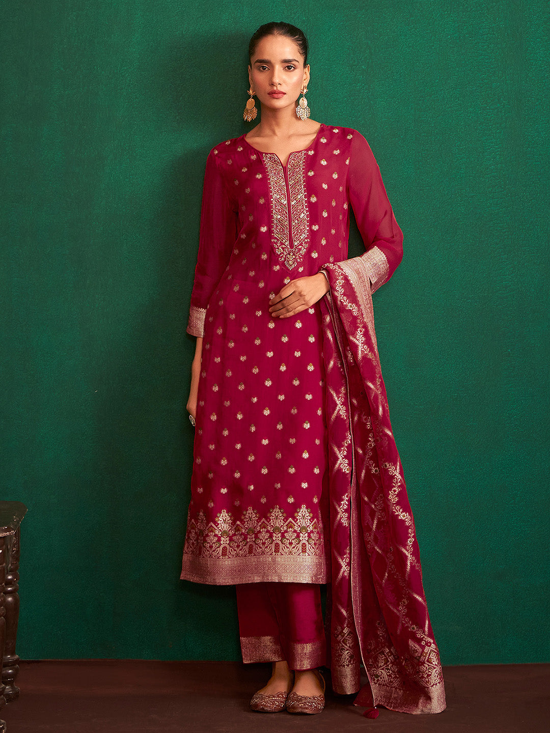 Red Organza Jacquard Straight Kurta Set