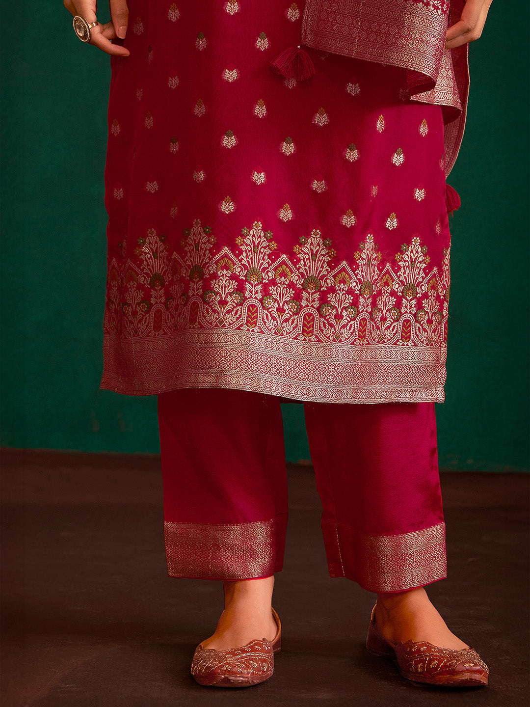 Red Organza Jacquard Straight Kurta Set