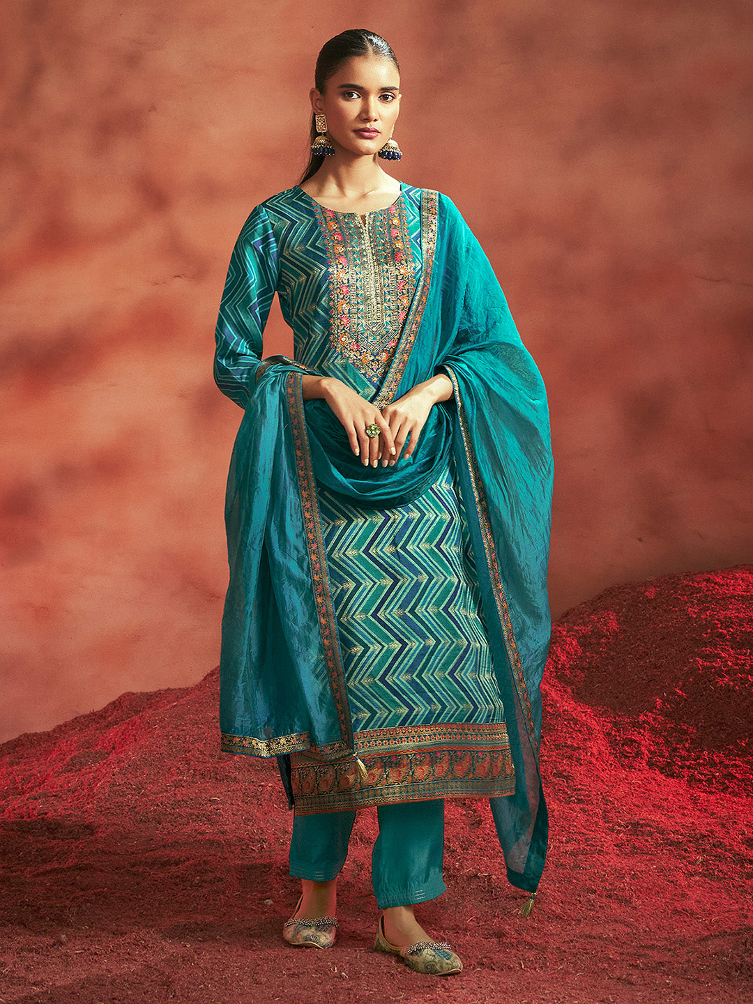 Turquoise Tissue Silk Chevron Jacquard Straight Kurta Set