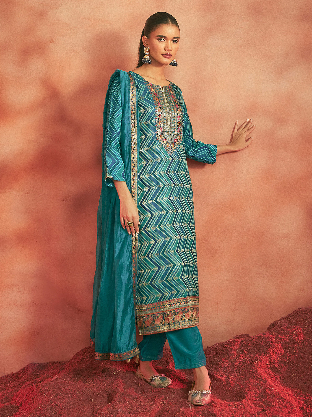 Turquoise Tissue Silk Chevron Jacquard Straight Kurta Set