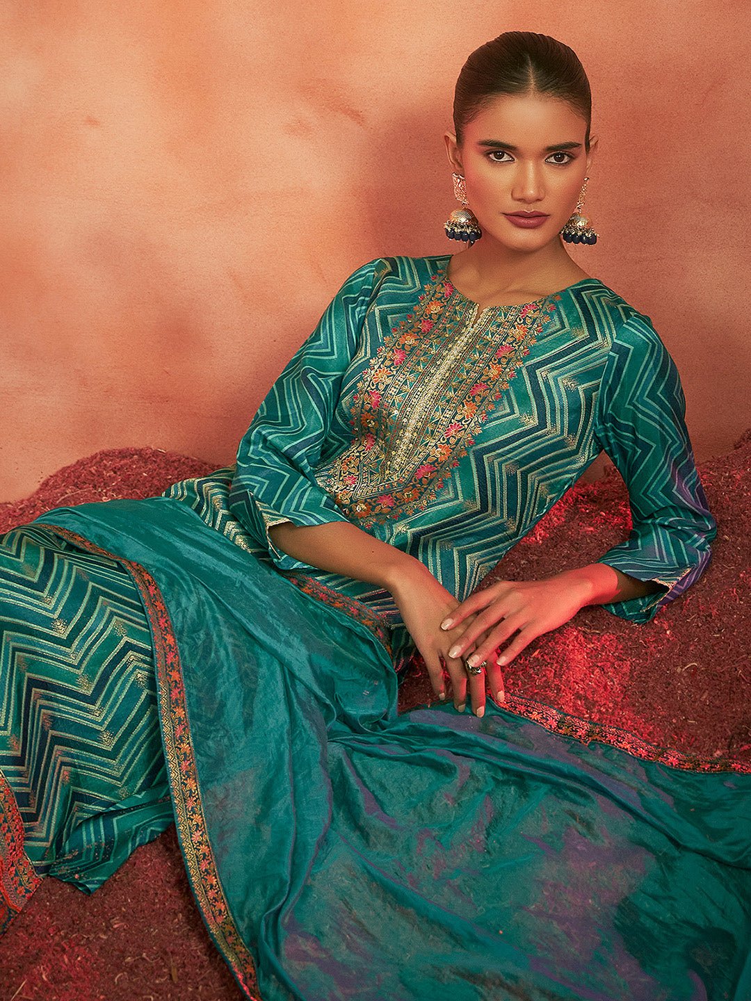 Turquoise Tissue Silk Chevron Jacquard Straight Kurta Set